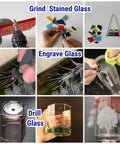 Collage showing Twenty 46 Grit Diamond Grinder Bits Set For Rotary Tools with 3mm Shank used for grinding, engraving, and drilling glass