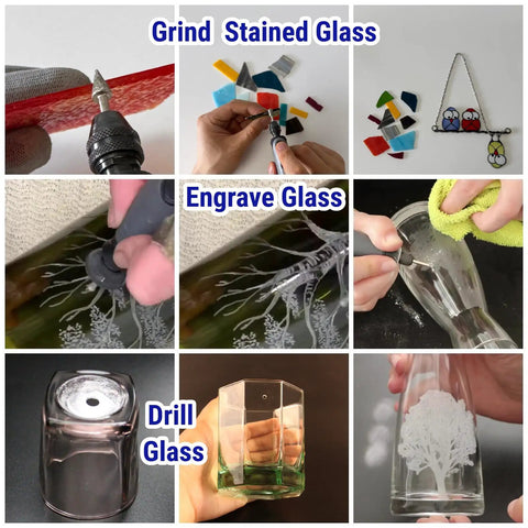 Collage showing Twenty 46 Grit Diamond Grinder Bits Set For Rotary Tools with 3mm Shank used for grinding, engraving, and drilling glass