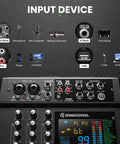 Close-up of Six Channel Audio Interface Mixer With 99 DSP Digital Effects Bluetooth USB RCA Interface connections