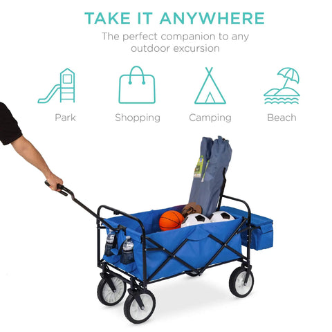 Grab And Go Collapsible Outdoor Utility Wagon With Removable Canopy loaded with sports gear and accessories.