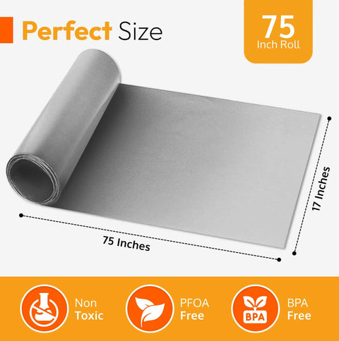 75 Inch By 17 Inch Teflon Nonstick Liner Roll For Ovens Grills And Stovetops Cut To Custom Fit, showing size dimensions and safety icons.