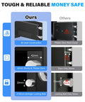 Comparison of Compact Home Safe Box 0.30 Cu Ft Mini Safe With Digital Keypad showing all-steel construction and thicker locking bolt.