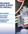 Eight Circuit Blade Fuse Block With Cover For Boats, Compact 100 Amp Marine Electrical Distribution Panel, Surface Mount Fuse Box For ATO ATC Fuses, Durable Weatherproof Power Hub installed with organized wiring.