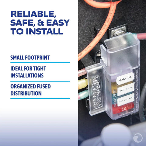 Eight Circuit Blade Fuse Block With Cover For Boats, Compact 100 Amp Marine Electrical Distribution Panel, Surface Mount Fuse Box For ATO ATC Fuses, Durable Weatherproof Power Hub installed with organized wiring.