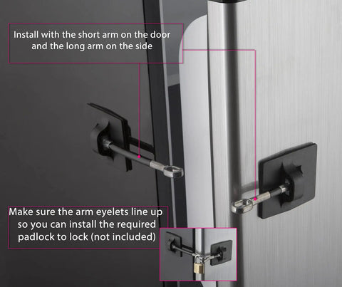 Two Pack Refrigerator Lock With Keyed Padlock, Black Finish, No Drilling Needed, Strong Adhesive 3M VHB Tape installation detail.