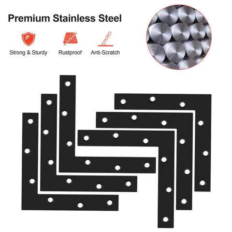 Heavy Duty Stainless Steel Beefy L Shaped Mending Plate 6x6 Inch Right Angle Corner Bracket For Wood Matte Black Finish Rustproof