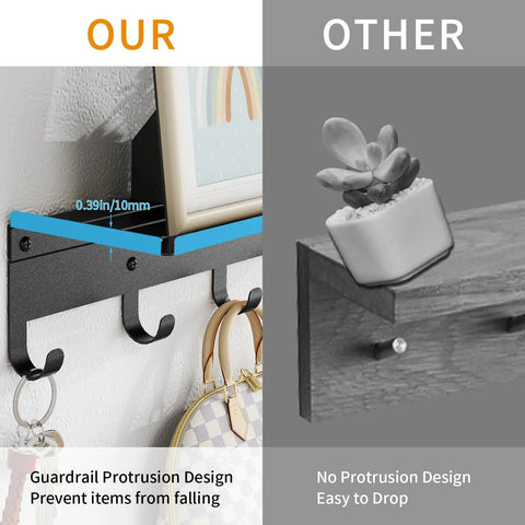 Comparison of wall mounted shelf with five metal hooks, 17 inch coat rack organizer, black finish, guardrail vs. flat design.