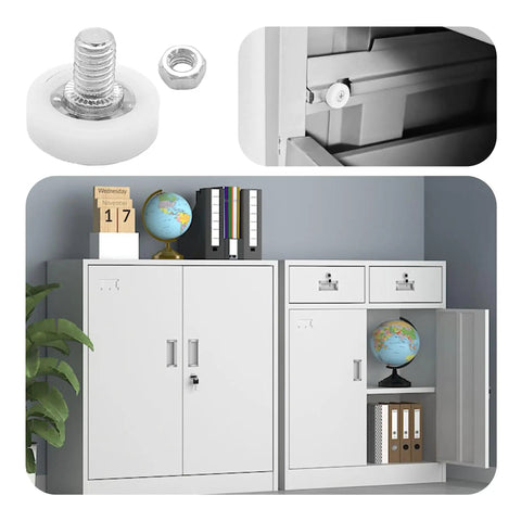 Eight Piece 22mm Drawer Rollers With Bearings And Nuts For Cabinets Sliding Doors And Filing Cabinets Smooth Quiet Drawer Glide Nylon Pulley Wheels Includes 9mmThreaded Rod M6x1 shown with office furniture for smooth operation and assembly detail with white furniture backdrop.