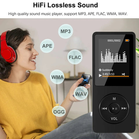 Woman using Pocket Size 32GB Bluetooth MP3 Player With Dope HiFi Sound, 1.8 Inch Color Display, multiple audio formats shown