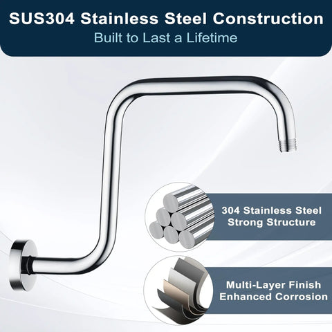 13 Inch Shower Head Extension Arm With Flange S Shaped High Rise Extender Long Stainless Steel Rainfall Pipe Arm Chrome Finish For Taller Showers And Spa Like Waterfall Rain Shower, SUS304 stainless steel, shown with flange and chrome finish.