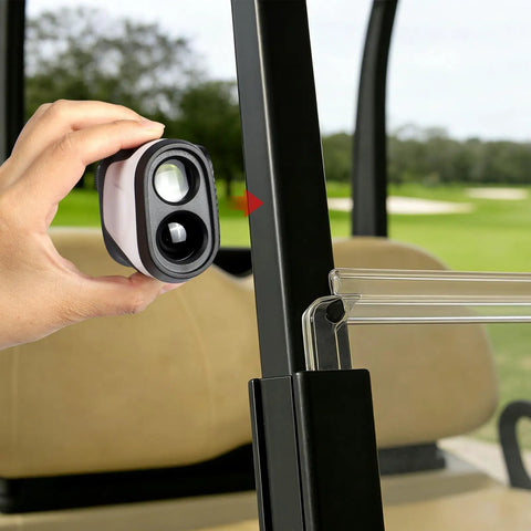Golf Rangefinder Magnetic Holder Mount With One Lock Access attached on golf cart with easy one hand release