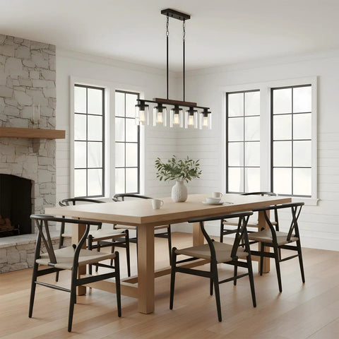 Modern Farmhouse 5 Light Linear Chandelier for Kitchen Island and Dining Room with Black Metal Frame and Wood Accent