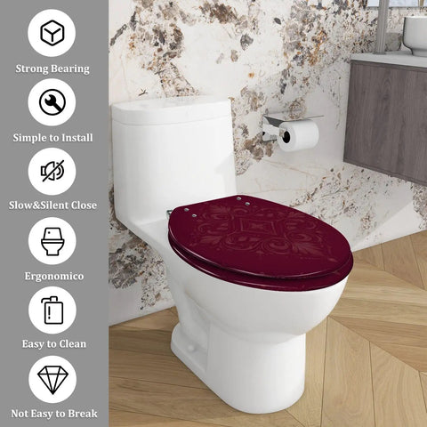 Toilet Seat Elongated Resin for Bathroom, burgundy color, fitted on a modern toilet, showcasing ergonomic design and easy installation.