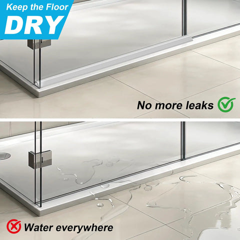 Image showing Self Adhesive Silicone Shower Threshold Water Dam Collapsible Flood Barrier For Curbless Walk In Bathrooms preventing water leaks.