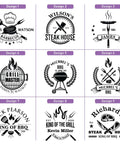 Cutting board engraving designs: nine black-and-white BBQ/grill logos (9 designs).