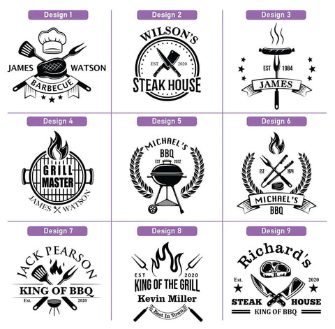 Cutting board engraving designs: nine black-and-white BBQ/grill logos (9 designs).