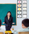 Teacher with students using 10 Piece Math Bulletin Board Set For Classroom Cubes And Problem Solving Posters in classroom