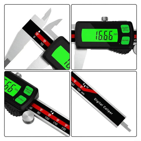 Stainless Steel Digital Caliper Delivers ±0.03 Mm Accuracy with green display, measuring 16.66 mm in precision.