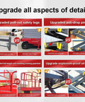 Upgraded features comparison of Heavy Duty Walk Behind Scissor Lift Hydraulic Aerial Work Platform including safety legs and guardrails.