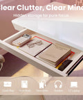 Open drawer of Glass Standing Desk With Drawers, 35 By 20 Inch Electric Adjustable Height showing hidden storage and accessories
