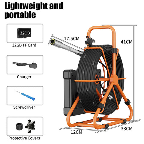 Pro Grade Sewer Camera Kit For DIY Pros 100ft With 4.3 Inch IPS Screen DVR And Audio Recording 23mm Probe 12 LEDs HD 1000TVL 8500mAh Battery 32GB Card Included Plumbing Pipe Inspection Borescope, lightweight portable kit with card and charger
