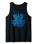 Outrigger Canoe Tank Top With Polynesian Tribal Art And Hawaiian Compass design in blue on black fabric, sleeveless for summer wear.