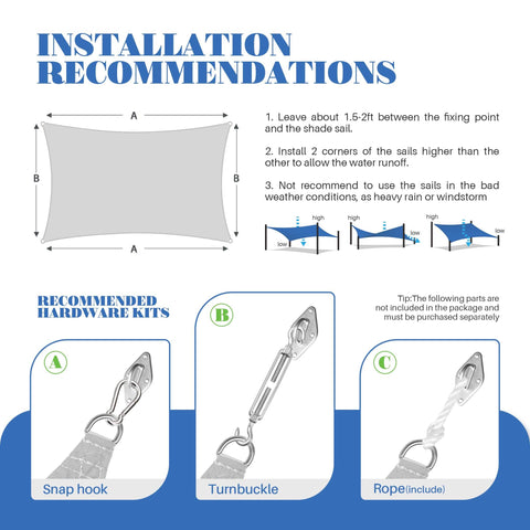 Installation guide for 10x13 Ft Waterproof Sun Shade Sail Rectangle Canopy Cover with UV protection, featuring hardware illustrations.