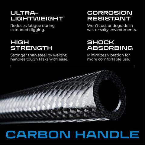 Close-up of carbon fiber handle detailing lightweight, high strength, shock absorbing properties for Lightweight Carbon Fiber Shovel.