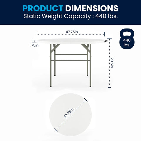 Grab And Go Ready 4 Foot Round Folding Plastic Table With Carrying Handle, dimensions and weight capacity details, white.