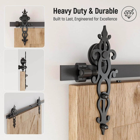Heavy Duty 6.6-Foot Sliding Barn Door Hardware Kit With Ultra Quiet, Smooth Operation, No Sweat Installation, Flower Style Black