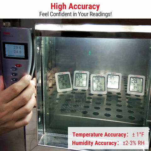 TP50 Digital Hygrometer And Indoor Thermometer With Wellness Indicator Shows Dry Comfort Wet Humidity Levels, High Accuracy Sensor, Fast Refresh Rate, Easy Home Climate Monitor For Living Room, Bedroom, Nursery Or Office. white digital hygrometer in metal chamber showing accuracy test