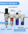 1/2 Inch NPT Four Stage Air Drying System For Air Compressors With Pro Grade Oil Water Separator, 0-240 PSI Regulator, Coalescing Filter