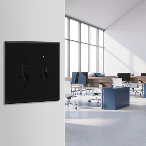 Double Light Wall Toggle Switch Plate 2 Gang Mid Size 4.88 By 4.92 Inches Built Tough Unbreakable Polycarbonate installed in an office