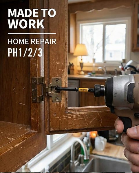 Ten Piece Pro Grade All In One Impact Screwdriver Bit Set with Magnetic Extension Holder in use for cabinet repair