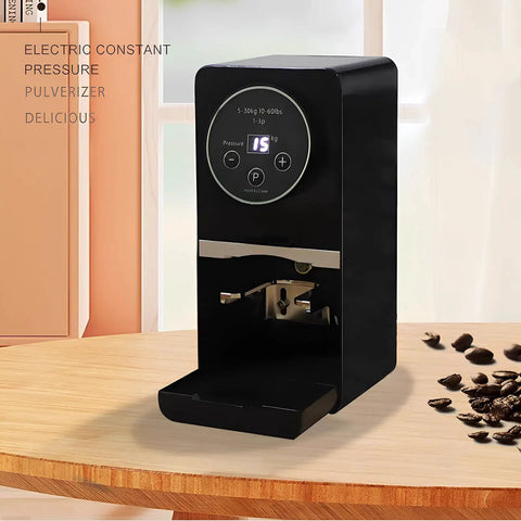 Next Level Electric Coffee Tamper 58mm Semi Automatic Espresso Press With Smart Contact Sensor and Polished Stainless Steel Base on a wooden table.