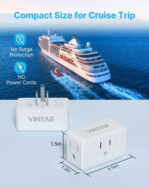 Three Outlet Power Plug Extender And Grounded Wall Tap Adapter with cruise ship background, compact design, dimensions 2.5x1.5x1.2 inches