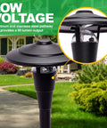Close-up of Low Voltage Outdoor Path And Walkway Lights with transformer on garden path, aluminum finish.