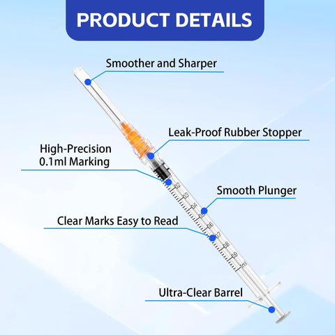 1 Milliliter Syringe Set, 25 Gauge 1 Inch, 100 Pack, Individually Sealed, Clear Measurement Scale, Smooth Plunger, Leak Proof, Ideal for Lab, Industrial, and Home Tasks with clear barrel and 0.1 mL markings
