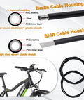 Universal Bike Cable Kit With Eight Inch Stainless Steel Wire Cutter And Brake And Shifter Cables Housing End Caps For MTB And Road Bikes Repair Professional Grade, showing diagram of brake and shift cable housing, layers, and bike.