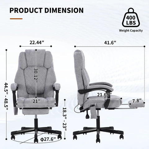 Grey massage office chair with foot rest and heat; front and side views with dimensions; high back, ergonomic, up to 400lbs