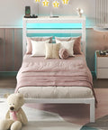 Totally Sweet Twin Size Metal Bed Frame With White Storage Headboard Featuring Smart App Control Rgb Led Lights And Built In Usb Charging Ports For Ultra Chill Bedroom Setups That Slap, stylish pink bedding, soft pillows, teddy bear.