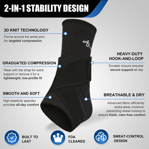 Black Ankle Brace For Men And Women With Adjustable Compression Sleeve And Wrap Ion Matrix Support For Sprained Ankle