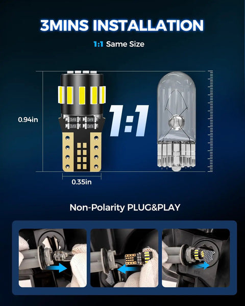 Installation guide showing 194 LED Bulb For License Plate Light Pack Of 10, 6000K Super White wedge replacement, non-polarity plug & play.