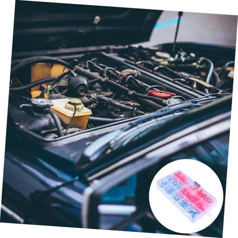 Grease Nipples Assortment Kit 100 Pcs Zerk Fittings With Caps for automotive use shown with an open car engine