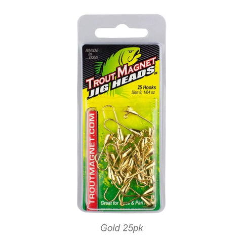 Gold One Sixty Fourth Ounce Shad Dart Jig Heads Twenty Five Pack With Lure Body Securing Barb in retail packaging