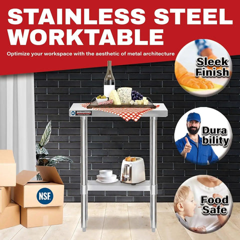 Front view of Stainless Steel Work Table 30x12 Heavy Duty NSF Commercial Prep Table With Under Shelf Outdoor Pizza Oven Stand.