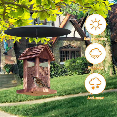 Heavy Duty 13 Inch Metal Bird Feeder Baffle Guard for Outdoor Hanging Weatherproof Black Shield displayed in garden.
