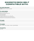 GX20072 deck belt replacement compatible with John Deere 42 inch mowers, fits various models like D110, L110, and more.