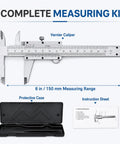 6 Inch Vernier Caliper Measuring Tool, Non-Digital Dual Scale, 0-150mm with protective case and instruction sheet.