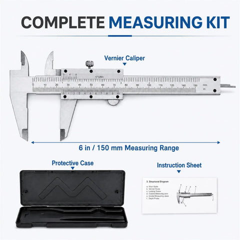 6 Inch Vernier Caliper Measuring Tool, Non-Digital Dual Scale, 0-150mm with protective case and instruction sheet.
